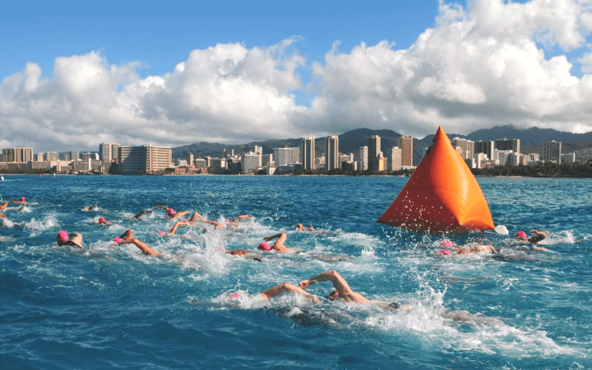 Open water swim city backdrop